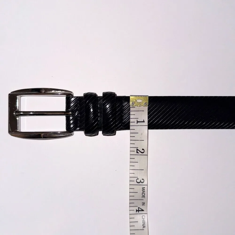 Johnston & Murphy Black Raised Stripe Calf Leather Belt Silver Buckle Men's 36